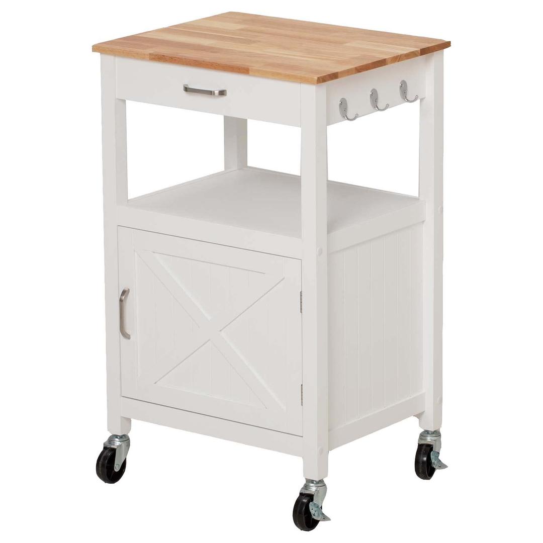 Rolling Kitchen Island Cart with Storage, Farmhouse Kitchen Cart on Wheels, Kitchen Cabinet with Barn Door and Drawer for Dining Room, Wood Top & Side Hooks, 36” H, White