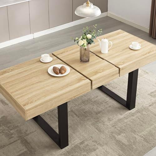 STHOUYN 63”-79” Extendable Dining Room Table for 6 8 10, Modern Farmhouse Wooden Kitchen Expanding Table, Long Large Expandable Dining Room Conference Table (Rustic Oak)