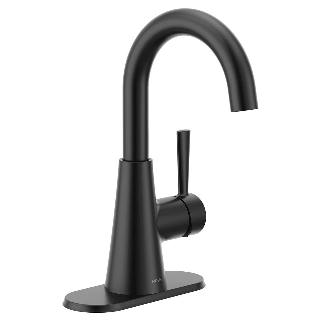 Moen Ronan Matte Black One-Handle Single Hole Modern Bathroom Sink Faucet with Optional Deckplate and Spring Loaded Drain Assembly, 84021BL