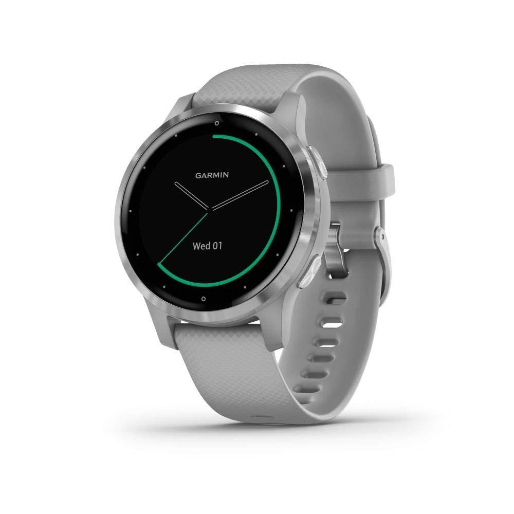 Garminvivoactive 4S, Smaller-Sized GPS Smartwatch, Features Music, Body Energy Monitoring, Animated Workouts, Pulse Ox Sensors and More, Silver with Gray Band