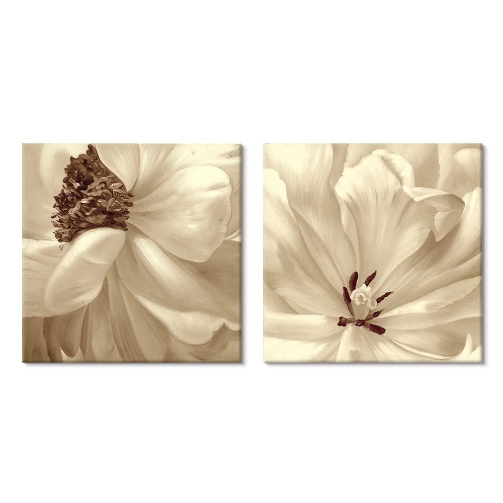 SEVEN WALL ARTSFlower Canvas Wall Art 2 Pieces Neutral Beige Floral Pictures Elegant Blossom Flowers Poster Print for Living Room Bedroom Office Boho Decor 24"x24"