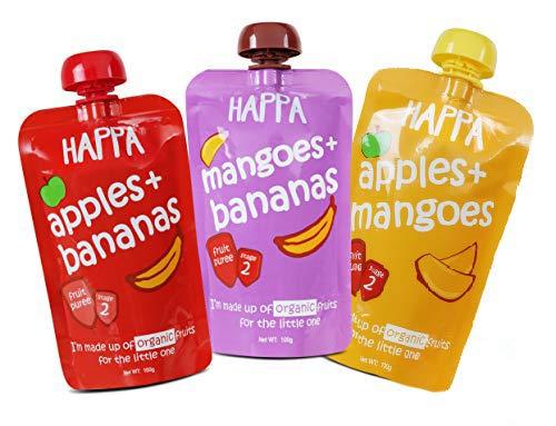 Happa Organic Food, Fruit Puree (Pack of 3, Apple + Banana) Stage 2, 3 Pouches, 100 Gram Each (Pack of 3, Apple + Mango, Mango + Banana, Apple + Banana)