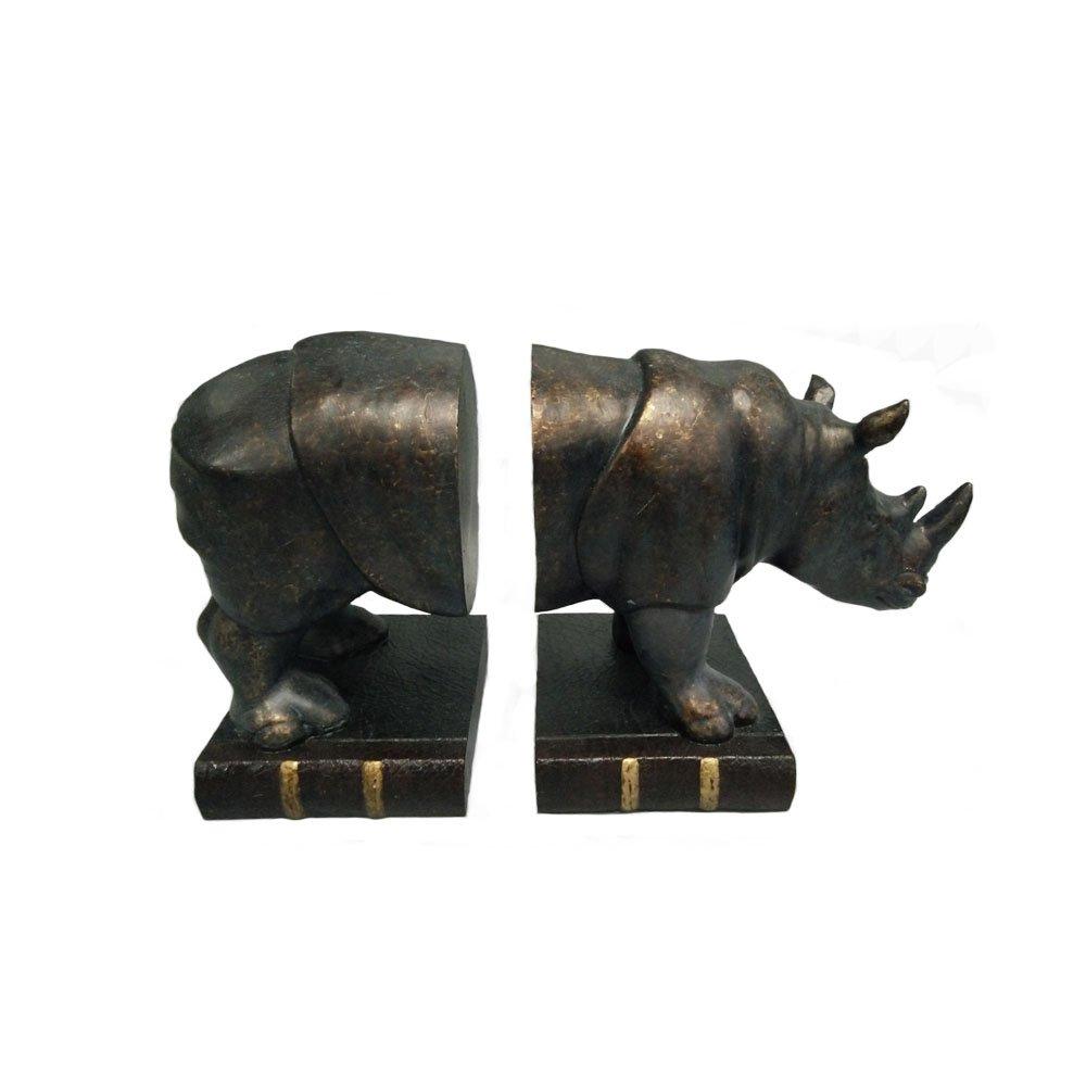 Comfy Hour Wildlife Collection Bronze Rhino Art Bookends, Animal Decoration, Set of 2, 1 Pair, Antique Style, Heavy Weight, Copper, 7" Length 6" Height