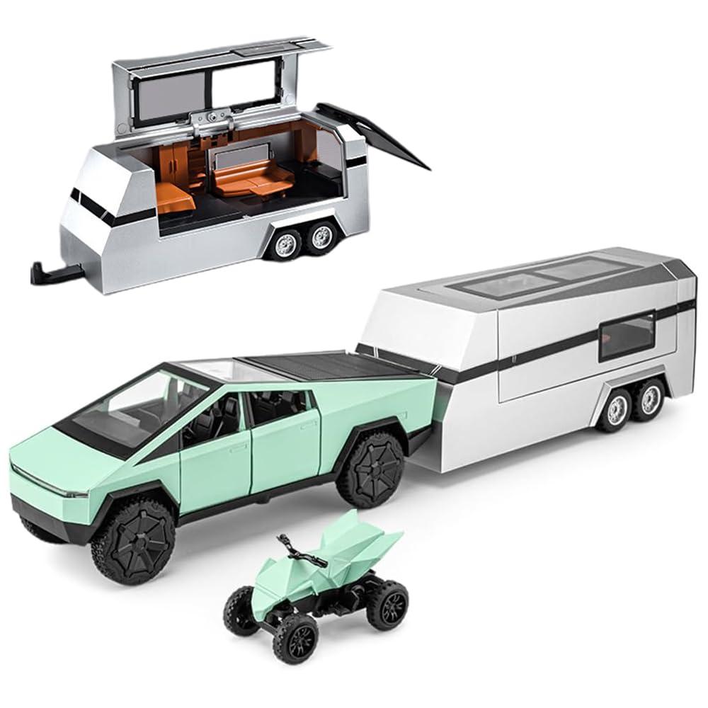 1/32 Pickup Truck and Trailer Toys with Light and Pull Back, Alloy Diecast Pickup Trailer RV Model Kit, Diecast Model Car Toy Truck and Trailer for Boys Adults as Birthday Gifts (Green)