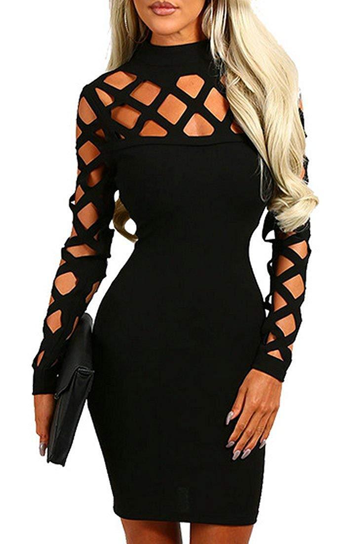 AMiERYWomen's Hollow Out Dress Bandage Clubwear Long Sleeve Bodycon Dresses