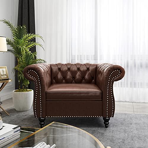 Chesterfield Chair, Modern Leather Tufted Accent Sofa Couch Chair with Rolled Arms and Nailhead for Living Room, Bedroom, Office, Apartment (Dark Brown)