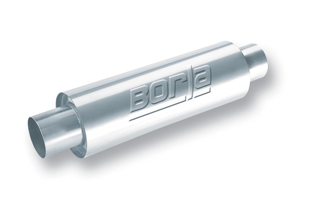 BORLA 40085 XR-1 Sportsman Univ. Perf. Muffler 3" Single Center Inlet / 3" Single Center Outlet 5" Round x 15" Long Body 20" Overall Length Un-Notched Necks Reversible Design T-304 Stainless Steel