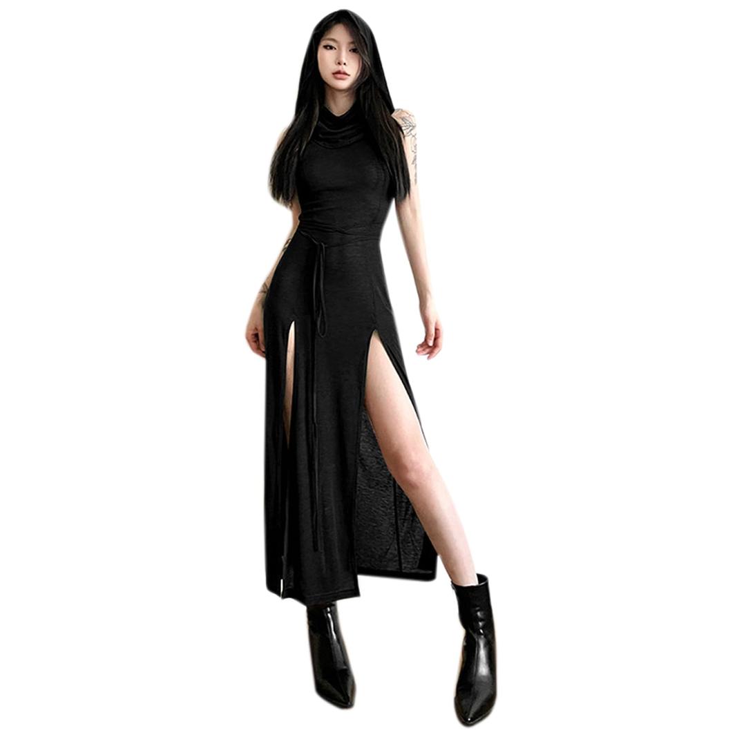 ANKOMINAWomen's Gothic Desert Walker Hooded Sleeveless Dress Y2K Punk Side Split Hollow Out Midi Dress Party Club Streetwear