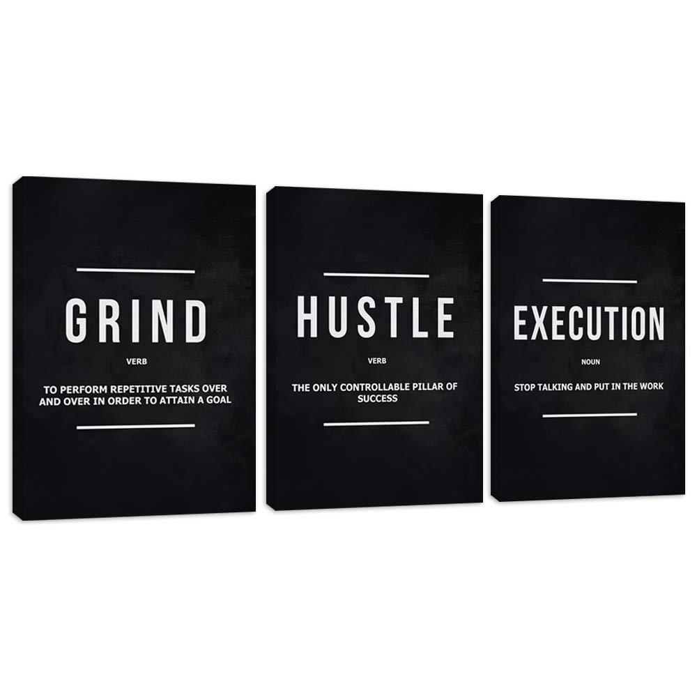 Motivational Office Wall Decor Inspirational Success Canvas Wall Art Hustle Posters Prints Entrepreneur Quote Wall Picture Paintings 3 Pieces Artwork Home Bedroom Framed Easy to Hang(36”Wx16”H)