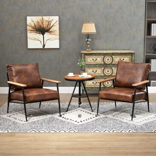 GYI Brown Leather Accent Chair Set of 2, 23.6'' Wide Armchair Set of 2, Industrial Black Metal Frame Accent Chairs with Wood Arms, Mid-Century Modern Comfy Sofa Chair for Living Room, Bedroom