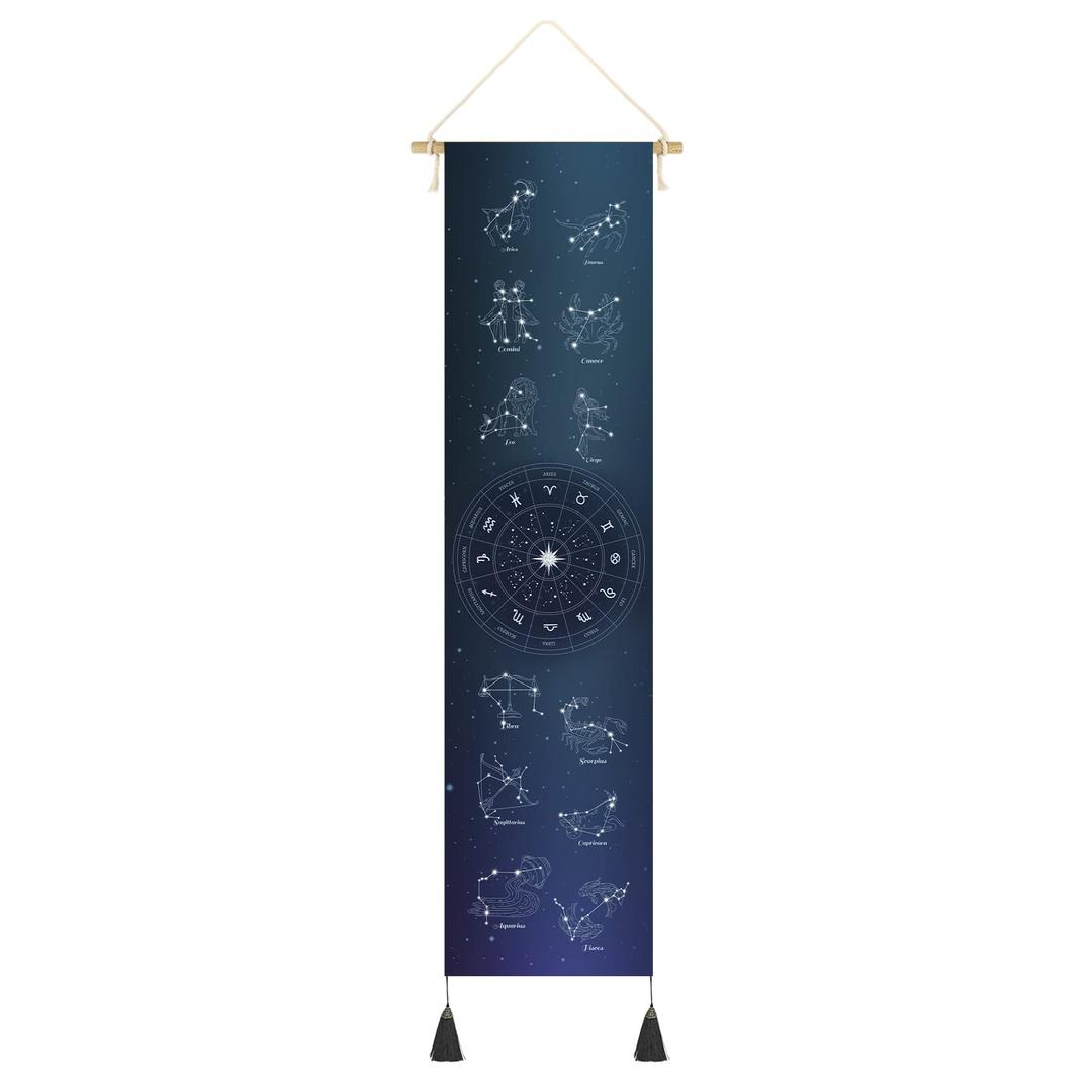 Hanging Poster Canvas Wall Art Banner 12 Constellation Stars, Zodiac Tapestry Astrology Tapestry symbols for Wall Decor Wall Hanging Tapestry Decoration For Home,Office,Room (13''x 56''/33x142cm)