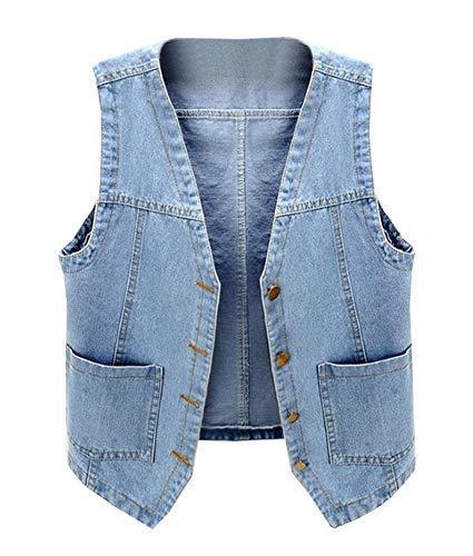 Women's Sleeveless Denim Vest V Neck Button Down Jean Waistcoat Jacket