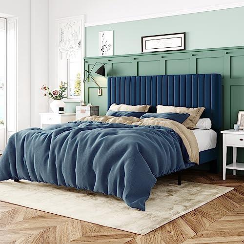 Allewie Full Bed Frame, Velvet Upholstered Platform Bed with Adjustable Vertical Channel Tufted Headboard, Mattress Foundation with Strong Wooden Slats, Box Spring Optional, Easy Assembly, Blue