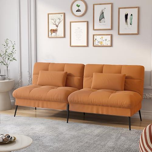 COMHOMA Convertible Futon Sofa Bed, 68″Fabric Futon Couch with Adjustable Backrest, Folding Futon Sleeper Recliner for Living Room Furniture (Orange Brown)