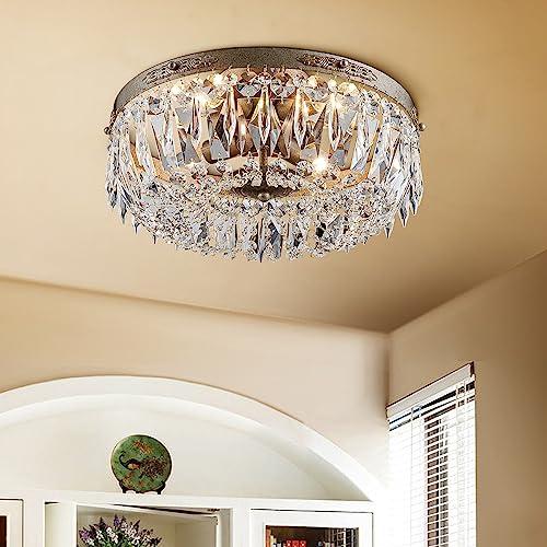 Bestier Antique Silver French Empire Crystal Semi Flush Mount Chandelier Lighting LED Ceiling Light Fixture Lamp for Dining Room Bathroom Bedroom Livingroom 4 E12 Bulbs Required D14 in X H8 in