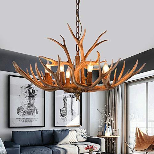 TFCFL Deer Horn Antler Chandelier 6-Light Vintage Pendant Light Rural Countryside Resin Chandelier Lighting Adjustable for Living Room Kitchen Island 110V US Stock (E12 Bulb Not Included)