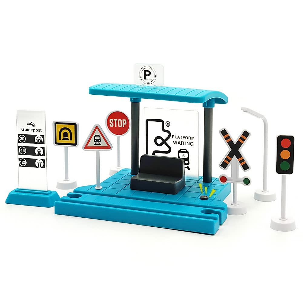 Wooden Train Track Accessories Plastic Station Set with Sound Light and Traffic Signs Toys for 3 4 5 Year Old Boys Kids Fits for All Wooden Railway Tracks(Station Platform)