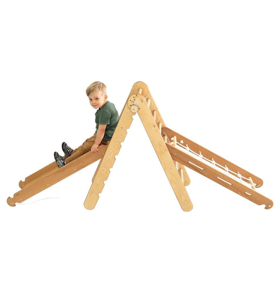 Set 3 in 1: Wooden Triangle Pickler Ladder + Climbing Net + Board Slide with Ramp - Montessori Pikler Play Gym for Toddlers - Kids Toys Indoor Playground, Aged 6 Months to 7 Years