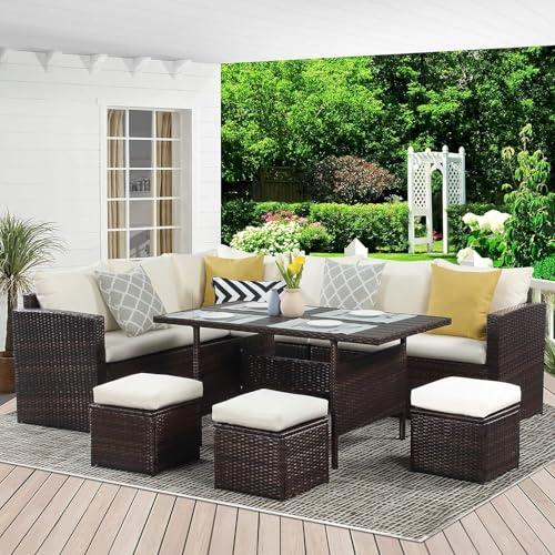 Wisteria Lane Patio Furniture Set, 7 Piece Outdoor Dining Sectional Sofa with Dining Table and Chair, All Weather Wicker Conversation Set with Ottoman, Brown