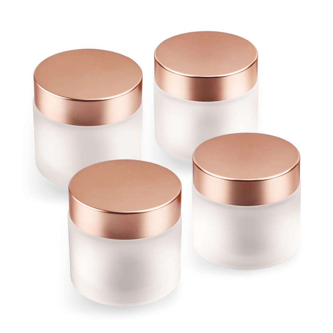 4 Pack 2 oz Frosted Glass Cream Jar,Empty Round Sample Jar Pot with Screw Lids&Inner Liner,Travel Storage Jar Container for Lotion, Eyeshadow,Moisturiser,gel-Rose Gold Lids