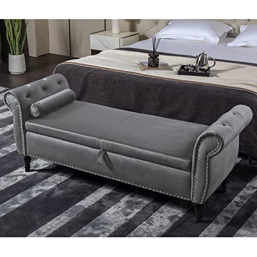 KIVENJAJA Storage Bench for Bedroom End of Bed, 63" Long Velvet Tufted Upholstered Window Ottoman Benches Seat with Pillow, Rolled Arm & Nailhead Trim (Velvet, Grey)