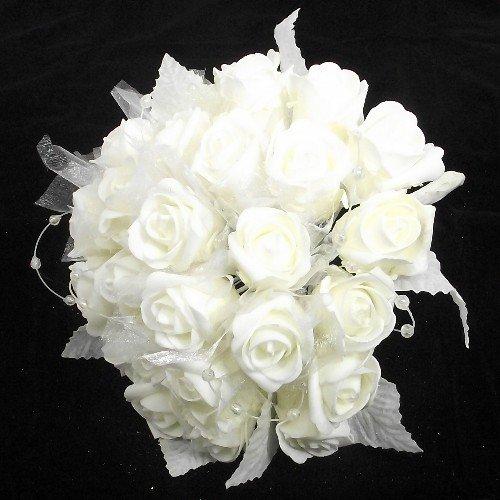 Ivory Glittery Foam Rose With Organza And Pearl Loops Hand-Tied Brides Bouquet