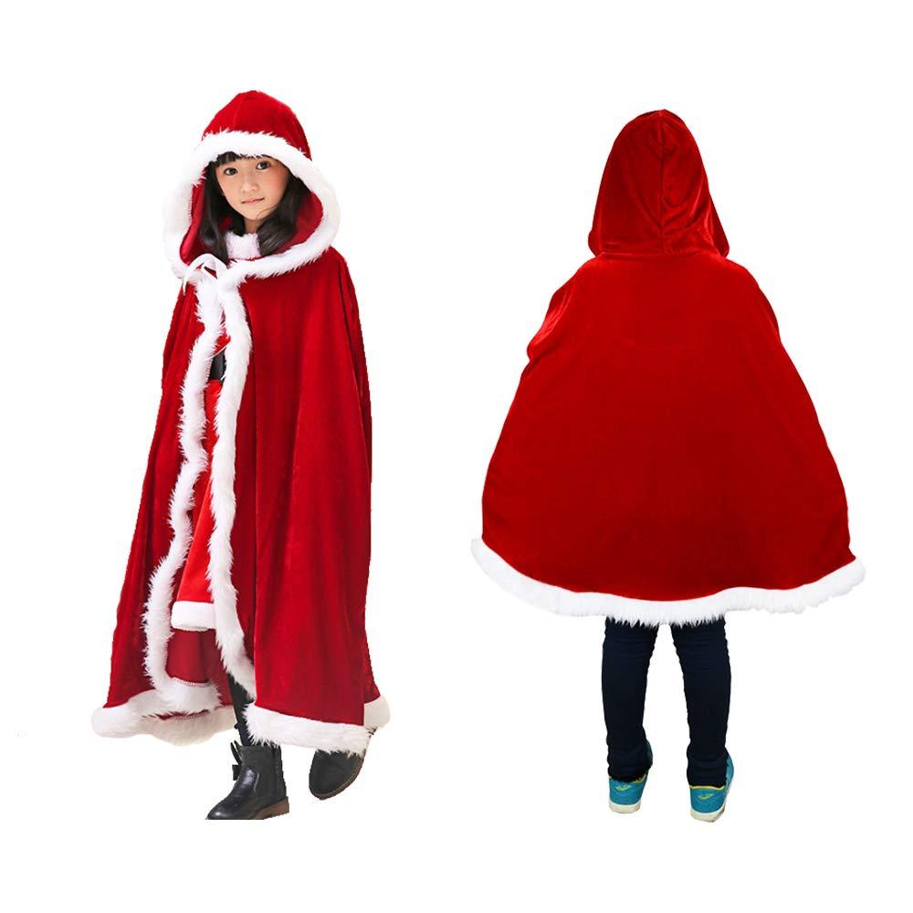 FanngChristmas Cloak Red Hooded Cape Robe Mrs. Santa Claus Cloak Costume Xmas Long Velvet Cape Outfits for Kids Girls for 6+ years