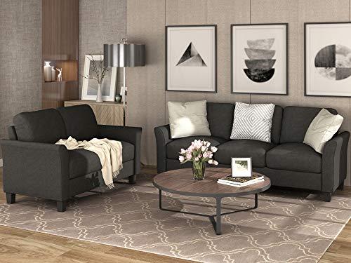 Harper & Bright Designs 2-Piece Linen Fabric Upholstered Living Room Furniture Set, Including 3-Seater Sofa and Loveseat Sofa with Seat and Back Cushions, Black