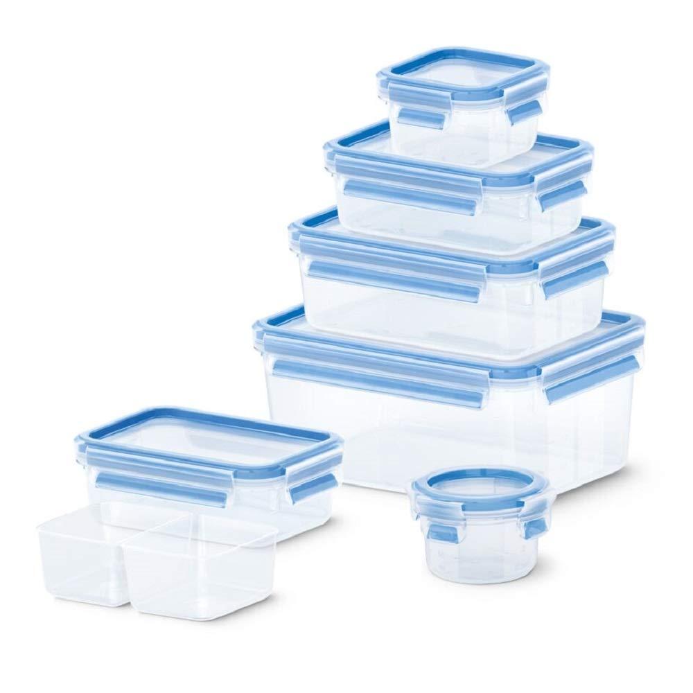 Emsa 515562 Clip & Close 7 piece set of storage boxes, various sizes; 6 containers + 1 insert, colour transparent/blue