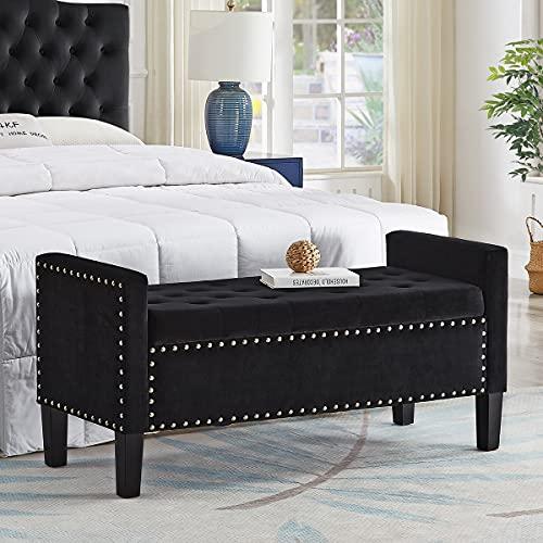 24KF Velvet Modern Upholstered Tufted Button Storage Bench with Arms for Bedroom,Entryway Living Room Soft Padded Seat-Black