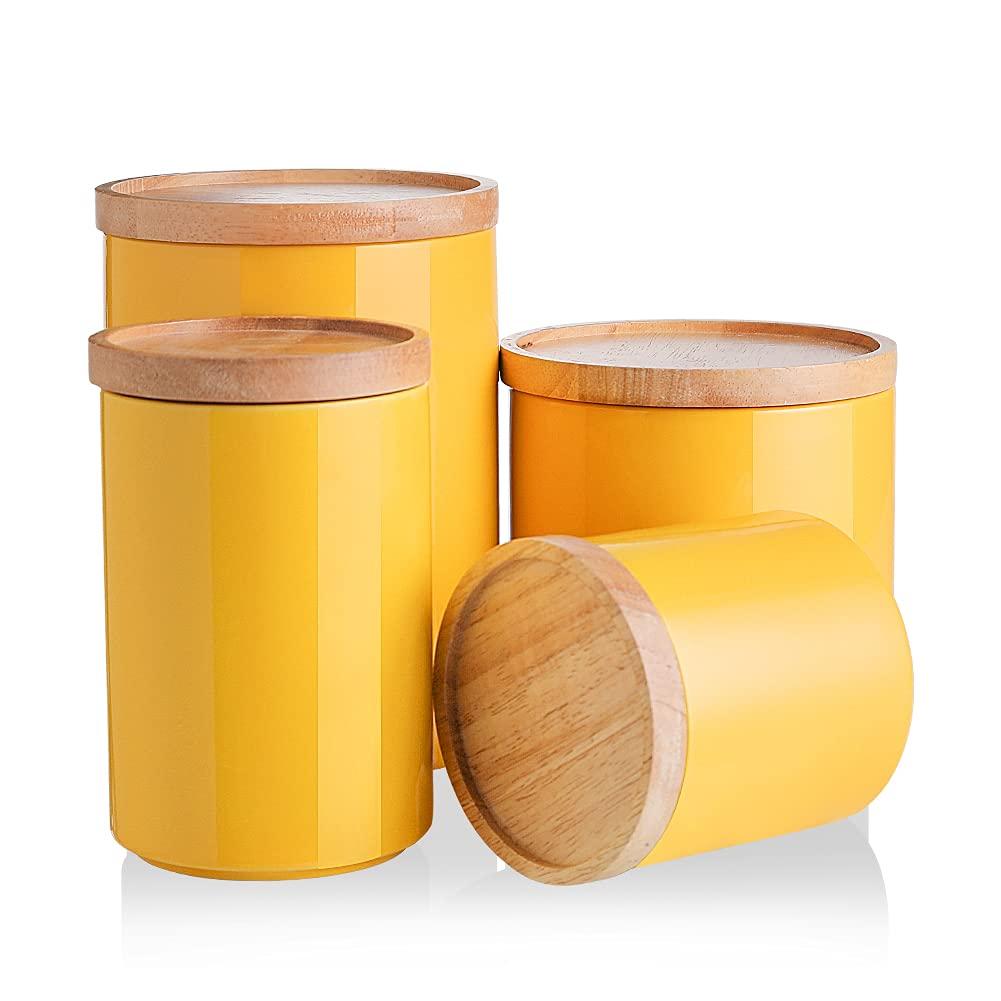 Sweejar Kitchen Canisters Ceramic Food Storage Jar Set, Stackable Containers with Airtight Seal Wooden Lid for Serving Ground Coffee, Tea, Herbs, Grains, Sugar, Salt - Set of 4(Yellow)