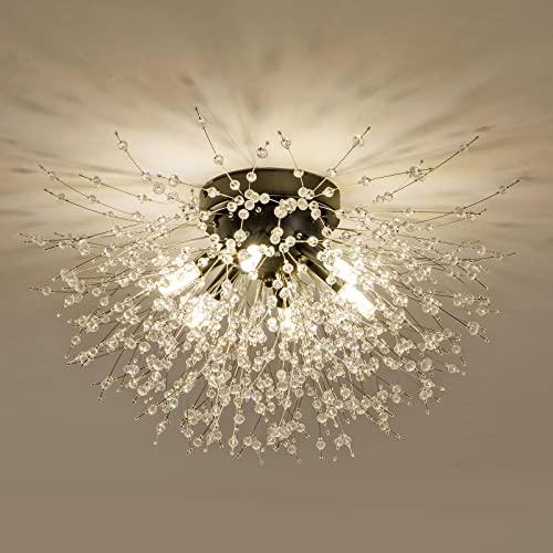 Black Semi Flush Mount Ceiling Light Fixture, Modern Crystal Sputnik Firework Ceiling Lights, 6-Light Close to Ceiling Lighting Fixtures for Bedroom Kitchen Hallway Entryway Closet(Matt Black)