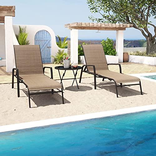 Devoko Patio Chaise Lounges Sets Outdoor Lounge Chairs with Adjustable Backrest & Sturdy Glass Top Coffee Table Suitable for Poolside, Beach, Backyard, Garden (Beige)