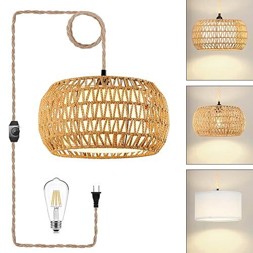 ILLMTW Plug in Pendant Light,Hanging Lights with Plug in Cord,Dimmable Woven Rattan Hanging Lamp,Boho Pendant Lamp with Rattan&Fabric Shades,Farmhouse Pendant Lighting for Living Room Kitchen Bedroom