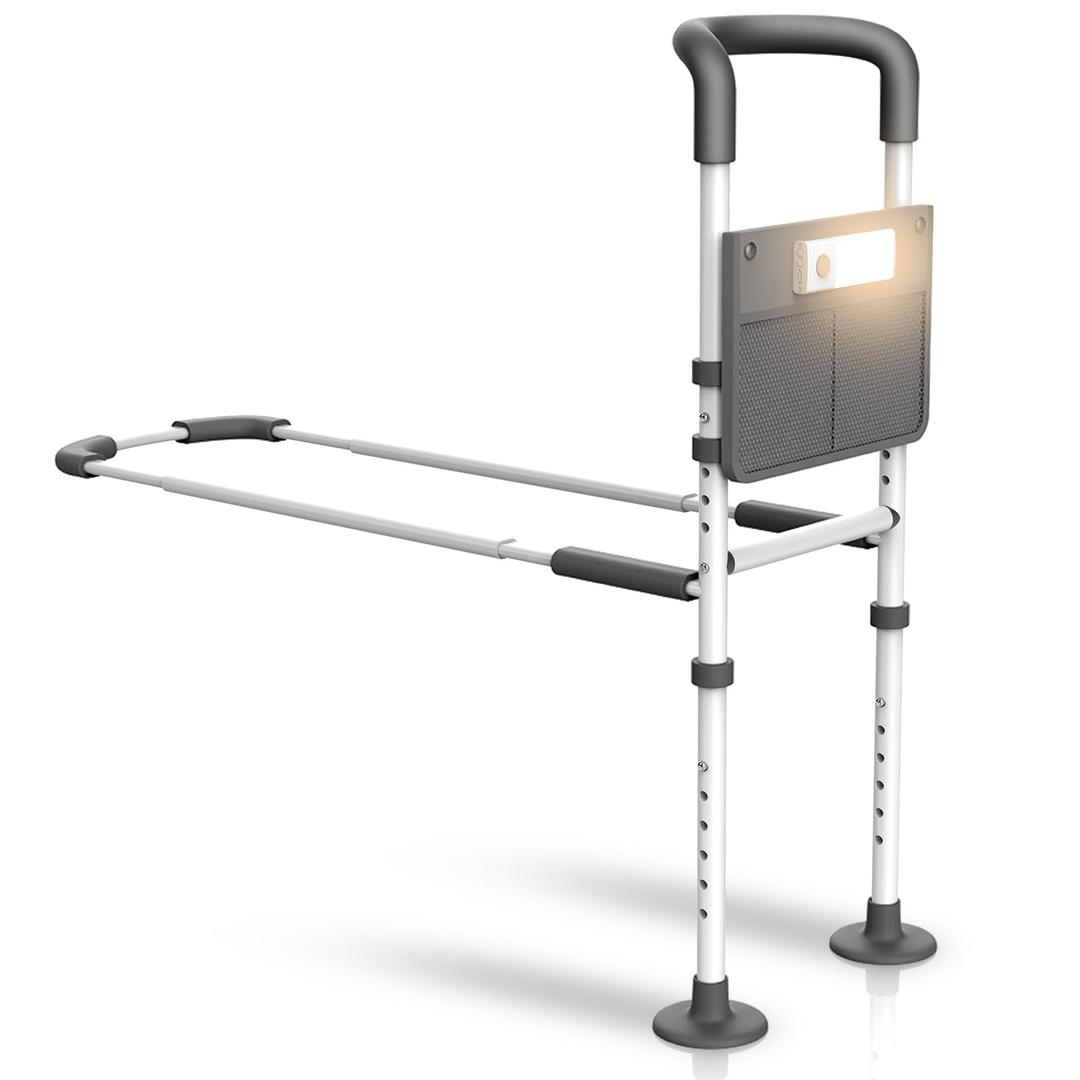 Agrish Bed Rails for Elderly Adults Safety - with Motion Light & Storage Pouch, Bedside Assist Bar with Support Legs for Seniors & Surgery Patients - Medical Bed Rail