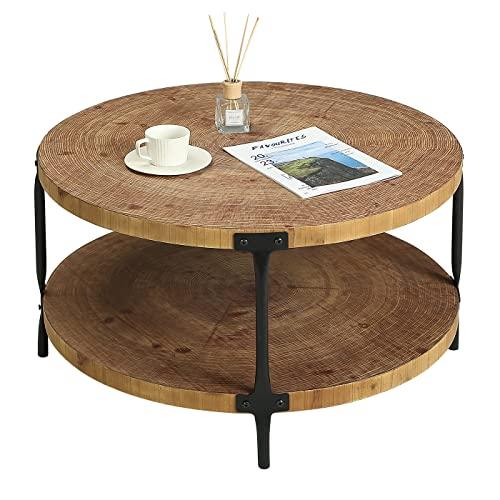 Round Boho Wood Coffee Table - 29.1" Farmhouse Natural Circle Wooden 2-Tier Coffee Tables Living Room Furniture, Natural Wood Color, 29.1" D x 18.3" H