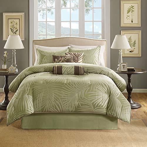 Madison ParkComforter Scenic Design All Season Hypoallergenic Down Alternative Set, Matching Bed Skirt, Decorative Pillows, Queen (90 in x 90 in), Freeport, Palm Leaf Olive Green