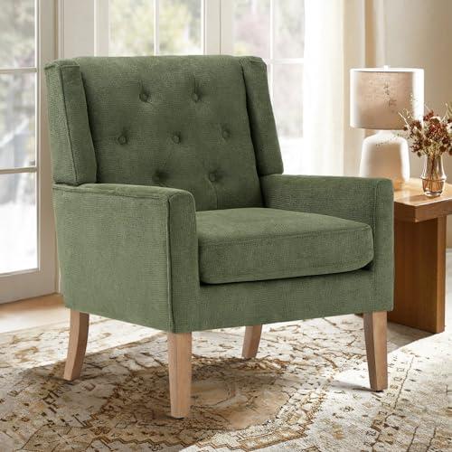 COLAMY Mid-Century Accent Chairs, Modern Wingback Living Room Chair, Upholstered Armchair with Button Tufted Back and Wood Legs for Bedroom/Reading Spaces/Office, Green