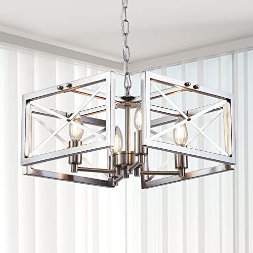 Brushed Nickel Farmhouse Chandelier 4-Light Modern Chandelier for Dining Room Lighting Fixtures Hanging, Iron Square Frame Chandeliers for Hallway Kitchen Foyer Living Room Bedroom