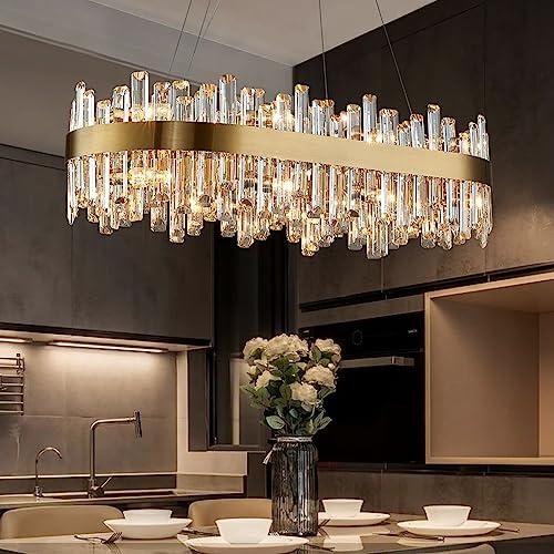 SiljoyModern Crystal Chandelier Luxury Rectangular Brass Gold Raindrop Chandelier 16 Lights Rectangle Oval Flush Mount Pendant Light Fixture for Dining Room Living Room Kitchen Island L35.4''