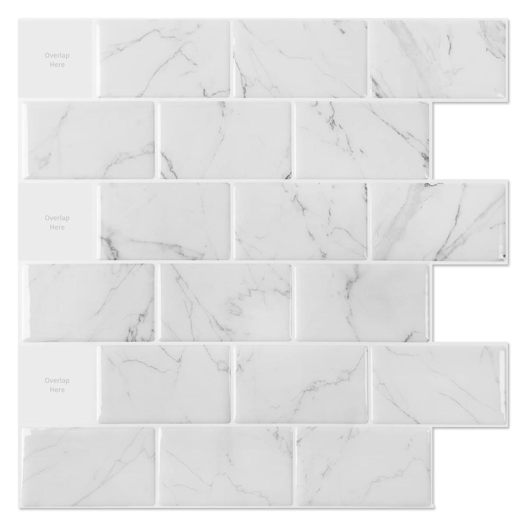 Art3d10-Sheet Peel and Stick Subway Backsplash, 12 in. x 12in. White Marble Design