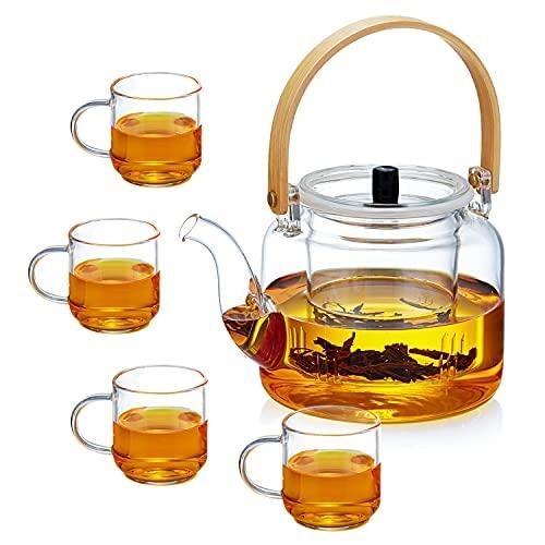 Glass Teapot Set, 37OZ/1100ML Glass Tea Kettle with 4 Double Wall Teacups, Tea Pot with Infusers for Loose Tea, Stovetop & Microwave Safe Tea Maker