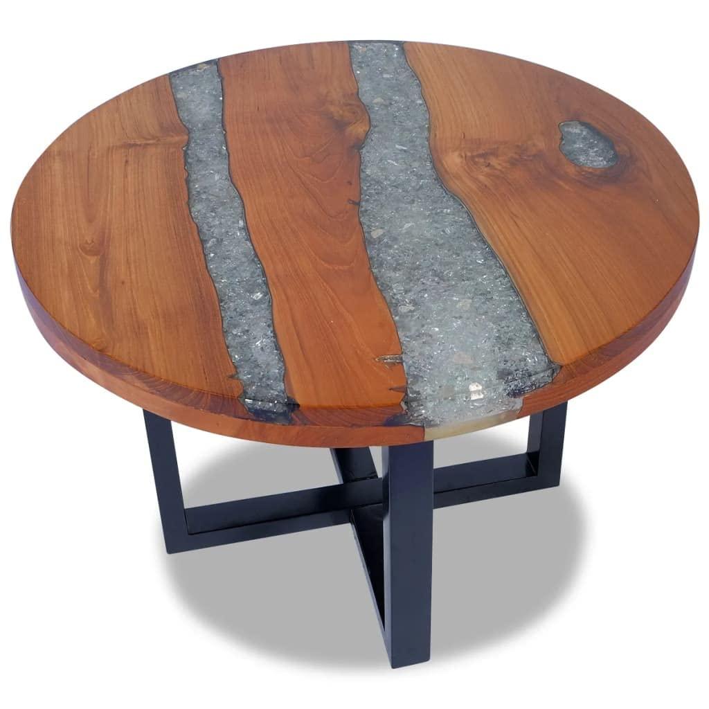 Coffee Table Teak Resin 23.6",Round Coffee Table with Resin Decoration, Rustic Teak & Mango Wood Table for Living Room or Bedroom