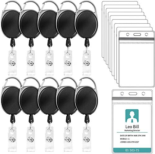 WeKonnect; Heavy Duty Retractable Badge Holder with Waterproof Zip Lock Vertical ID Card Holders for Office ID Cards (Black - Pack of 10)