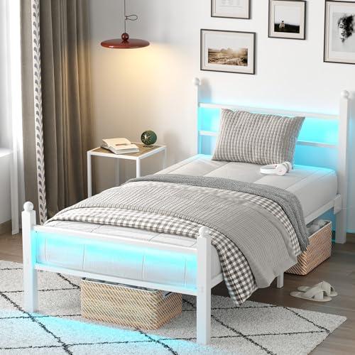 Twin Bed Frame with Headboard and Footboard,Heavy Duty Steel Slats Support Metal Bed Frame with Charging Station,White