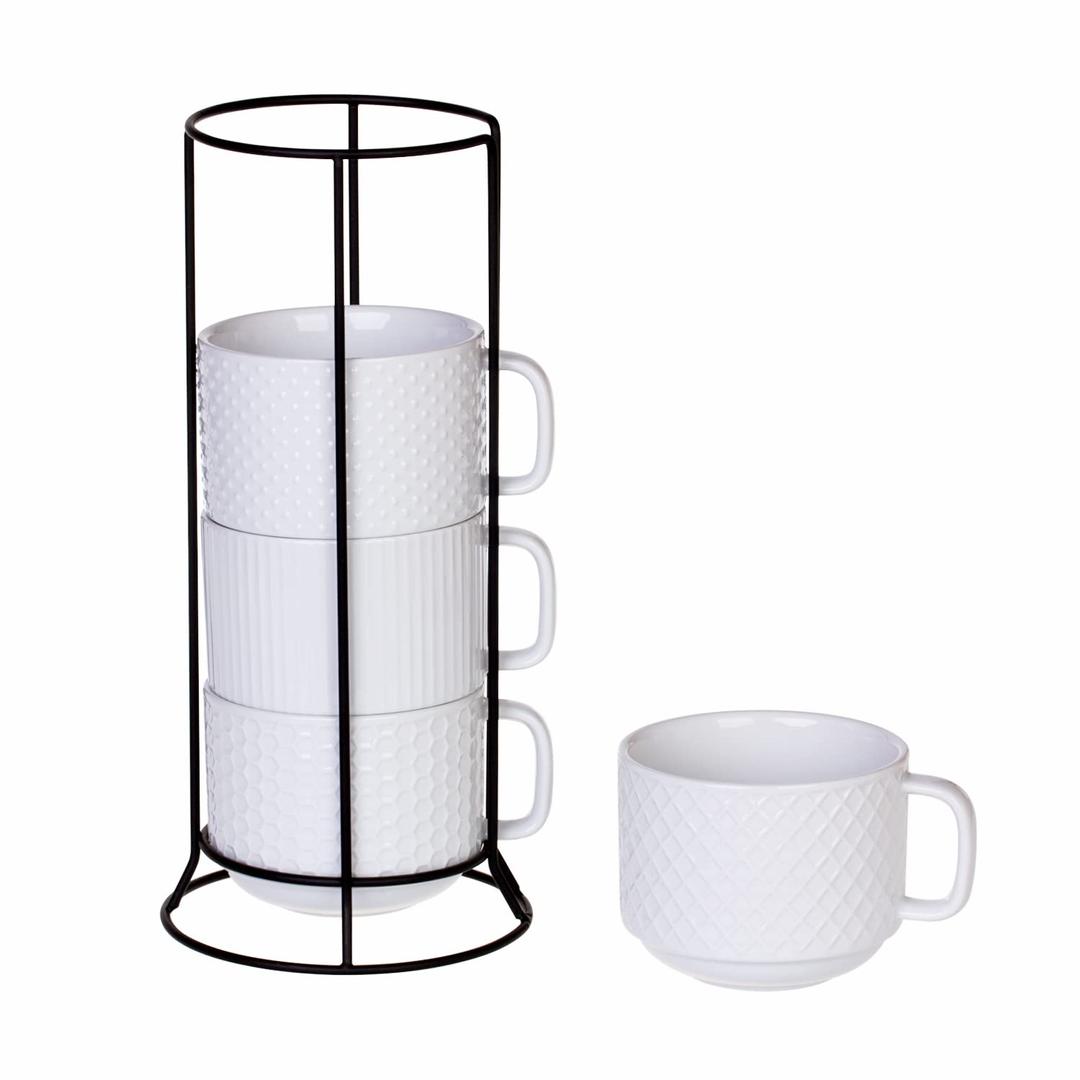 Porcelain Stackable Coffee Mugs Set of 4 with Metal Stand, 13 Ounce Stackable Different Embossment Coffee Cup holder for Coffee, Tea, Cocoa, Drinks, White