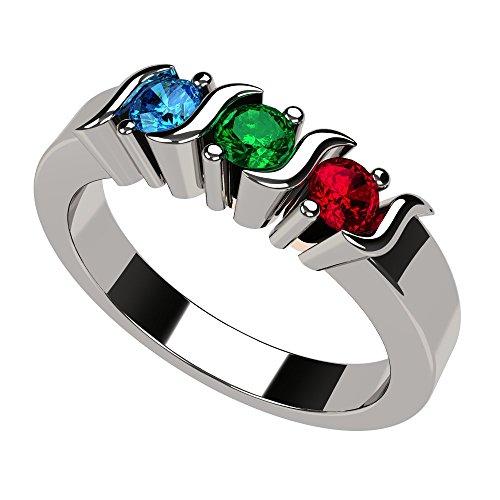 Central Diamond CenterS-Bar Mothers Ring w/ 1 to 6 Simulated Birthstones in Sterling Silver/10k/14k Gold