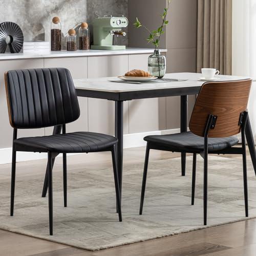 Okeysen Black Leather Dining Chairs Set of 2, Mid Century Modern Dining Chairs Walnut Bentwood,Armless Kitchen Chairs with Metal Legs Adjustable Foot for Dining Room（Walnut Black）