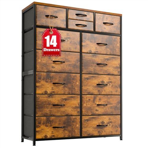 EnHomee 14 Drawer Dresser, Tall Dressers for Bedroom, Large Bedroom Dressers & Chests of Drawers, Sturdy Metal Frame & Wood Top, Easy Assembly, Closet, Living Room, Rustic Brown