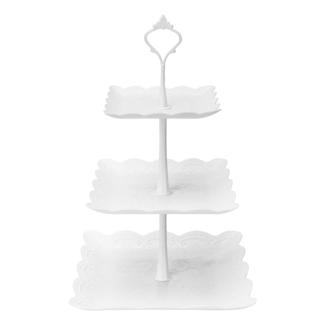 Coitak 3 Tier Cupcake Stand, Plastic Tiered Serving Stand, Square Dessert Tray for Tea Party, Baby Shower and Wedding (Pure White)